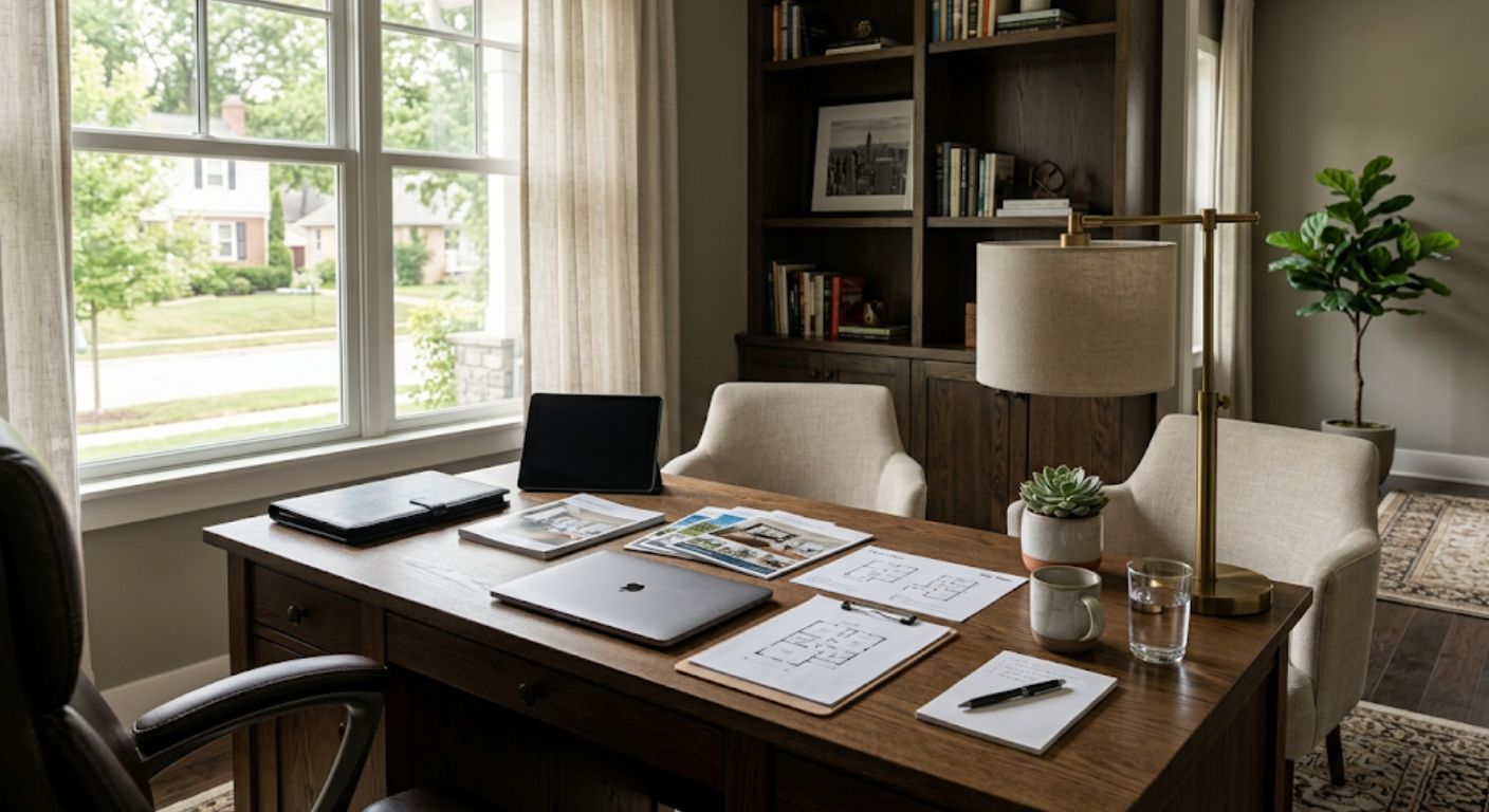 Desk with laptop and documents in a sunlit home office