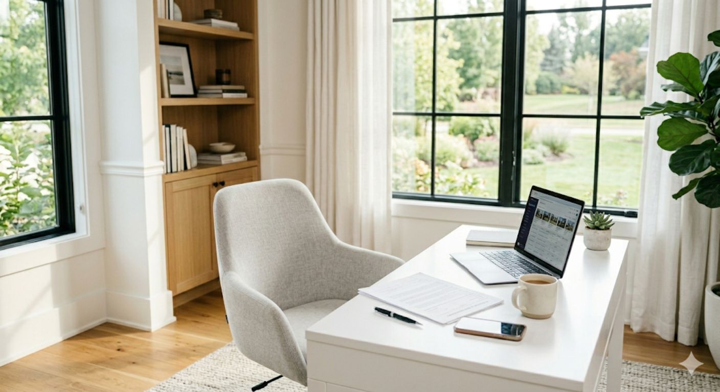 Real estate professional reviewing pricing data and documents for a luxury home sale in Washington DC