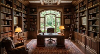 Luxury home study with floor-to-ceiling built-in bookshelves and wooden desk in Washington DC