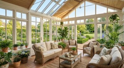 Luxury home sunroom with wicker furniture, potted plants, and large windows overlooking a manicured garden