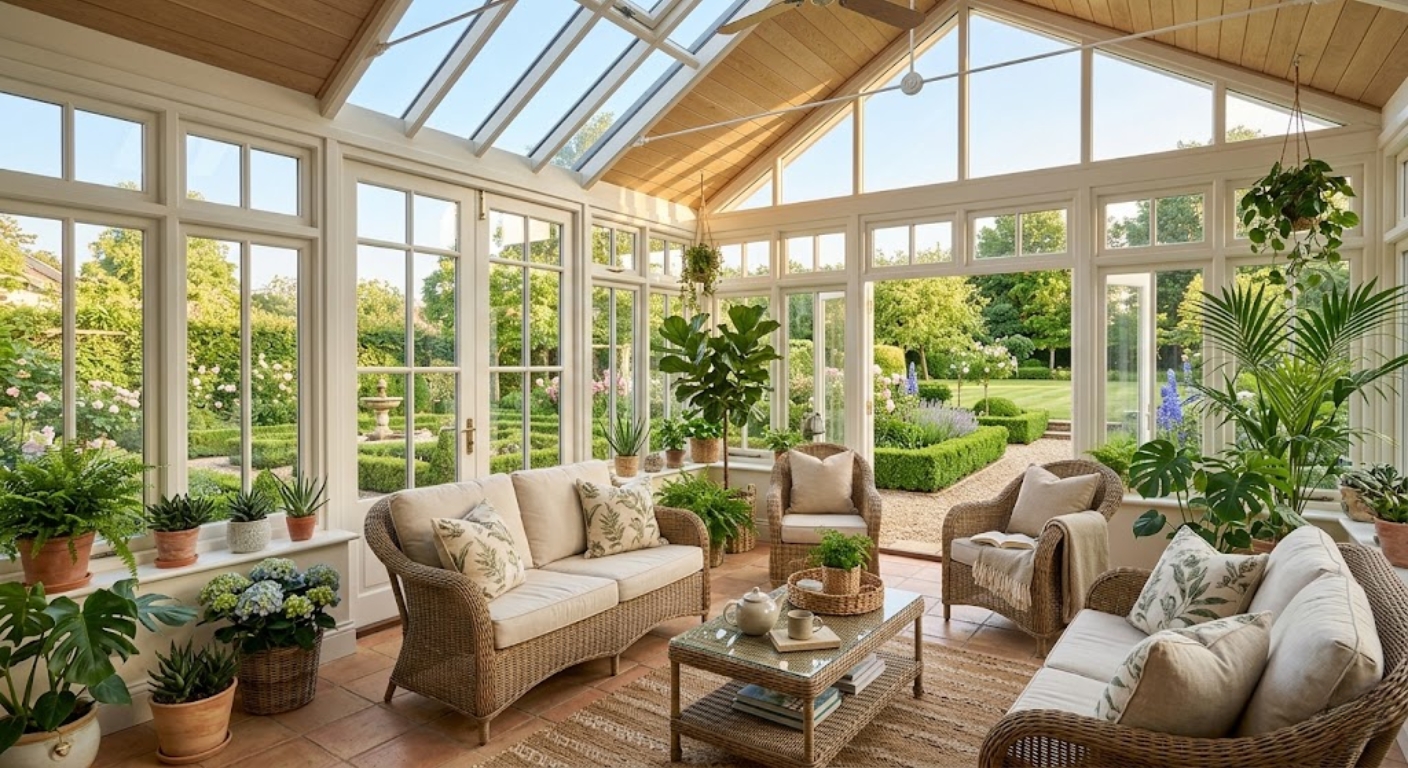 Luxury home sunroom with wicker furniture, potted plants, and large windows overlooking a manicured garden
