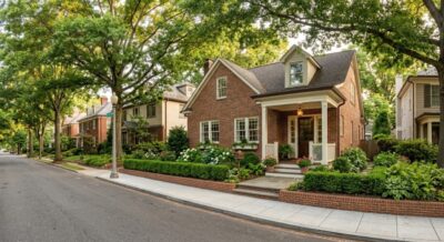 Exterior of a traditional brick home on a quiet tree-lined street in The Palisades, Northwest DC