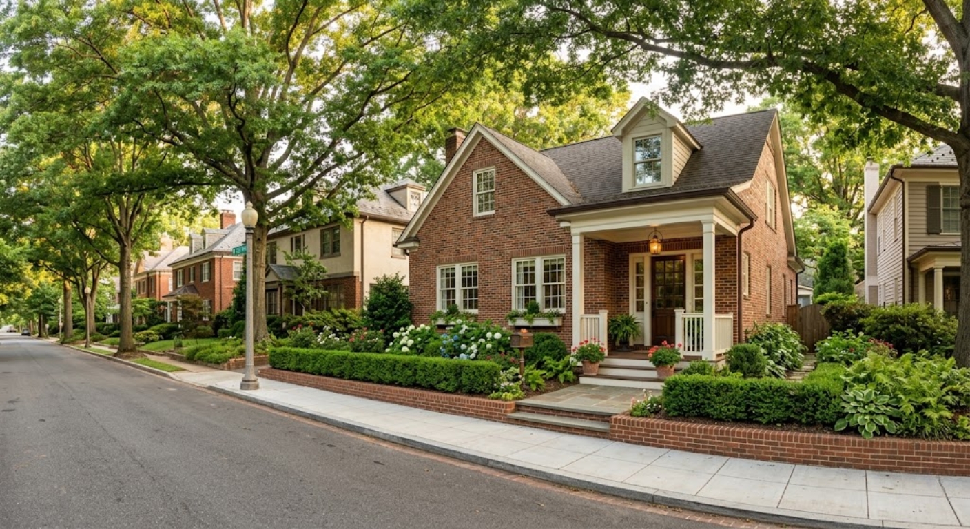 Exterior of a traditional brick home on a quiet tree-lined street in The Palisades, Northwest DC