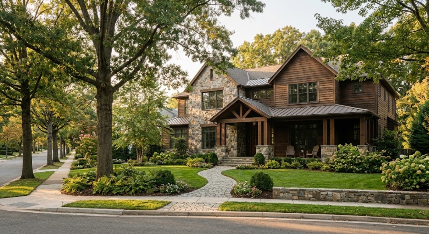 Large luxury single-family home on a tree-lined street in The Palisades neighborhood of Northwest Washington DC