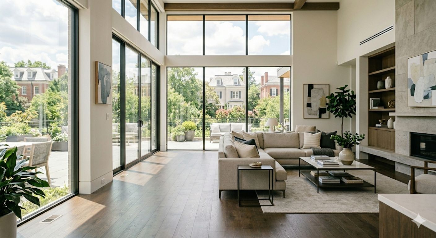 Alt Text: Couple touring a bright, open-plan luxury home in Washington DC with a real estate agent pointing out features