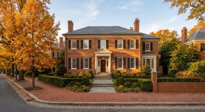 Brick luxury home on a tree-lined street in Washington DC in autumn with golden foliage