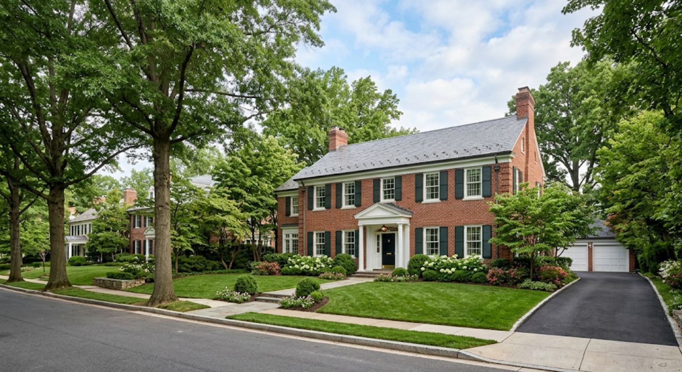Exterior of a large brick colonial home in Wesley Heights, Northwest Washington DC