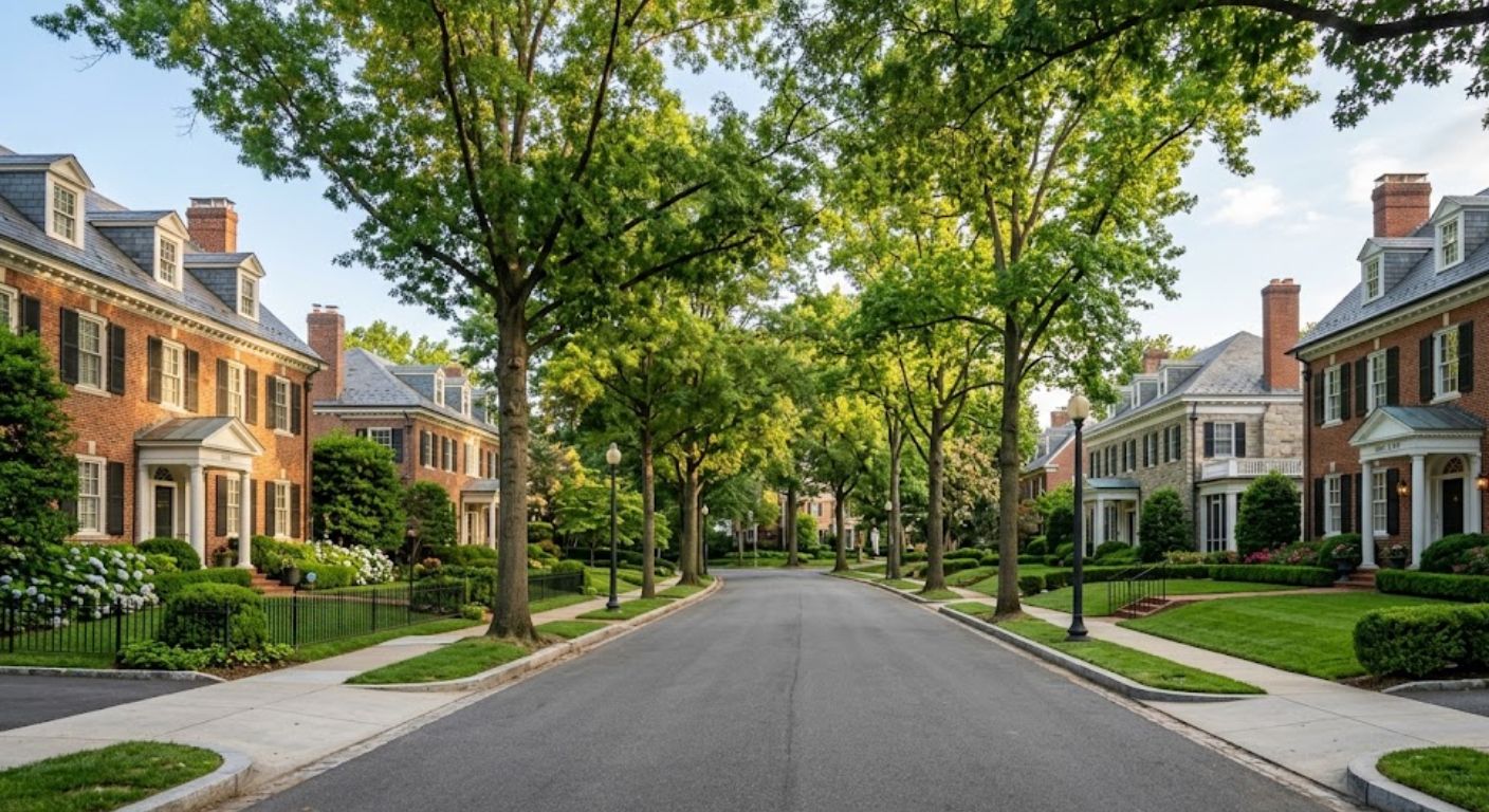 Tree-lined street with large luxury homes in Chevy Chase DC