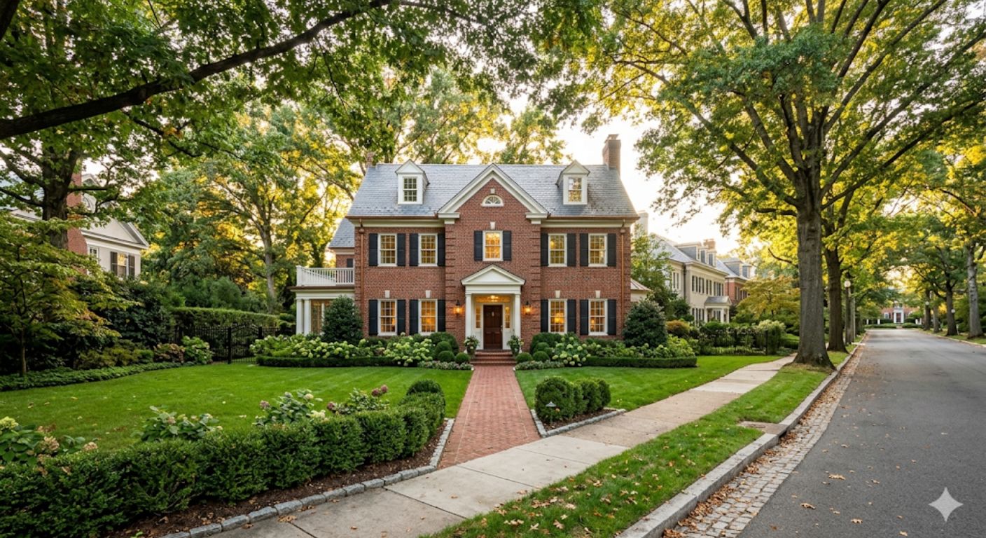 Large brick colonial home surrounded by mature trees on a quiet street in Observatory Circle Washington DC