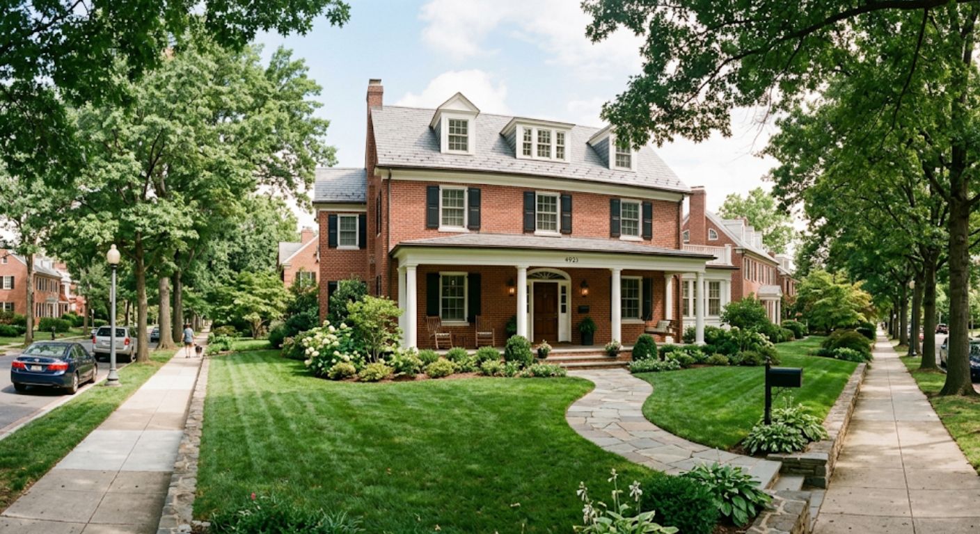 Large brick Colonial home on a tree-lined street in The Palisades neighborhood of Washington DC
