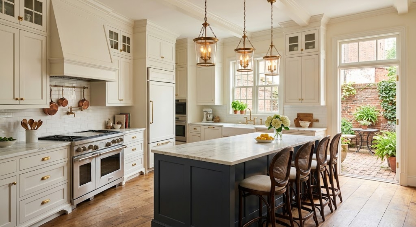Classic luxury kitchen with marble countertops and shaker cabinetry in a Georgetown Washington DC home