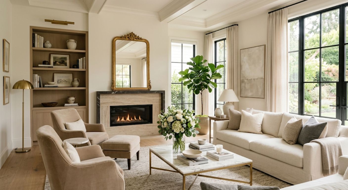 Staged luxury living room with fireplace and fresh flowers in a DC home