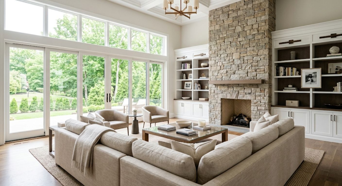 Elegant luxury living room with stone fireplace and floor-to-ceiling windows in a McLean Virginia home