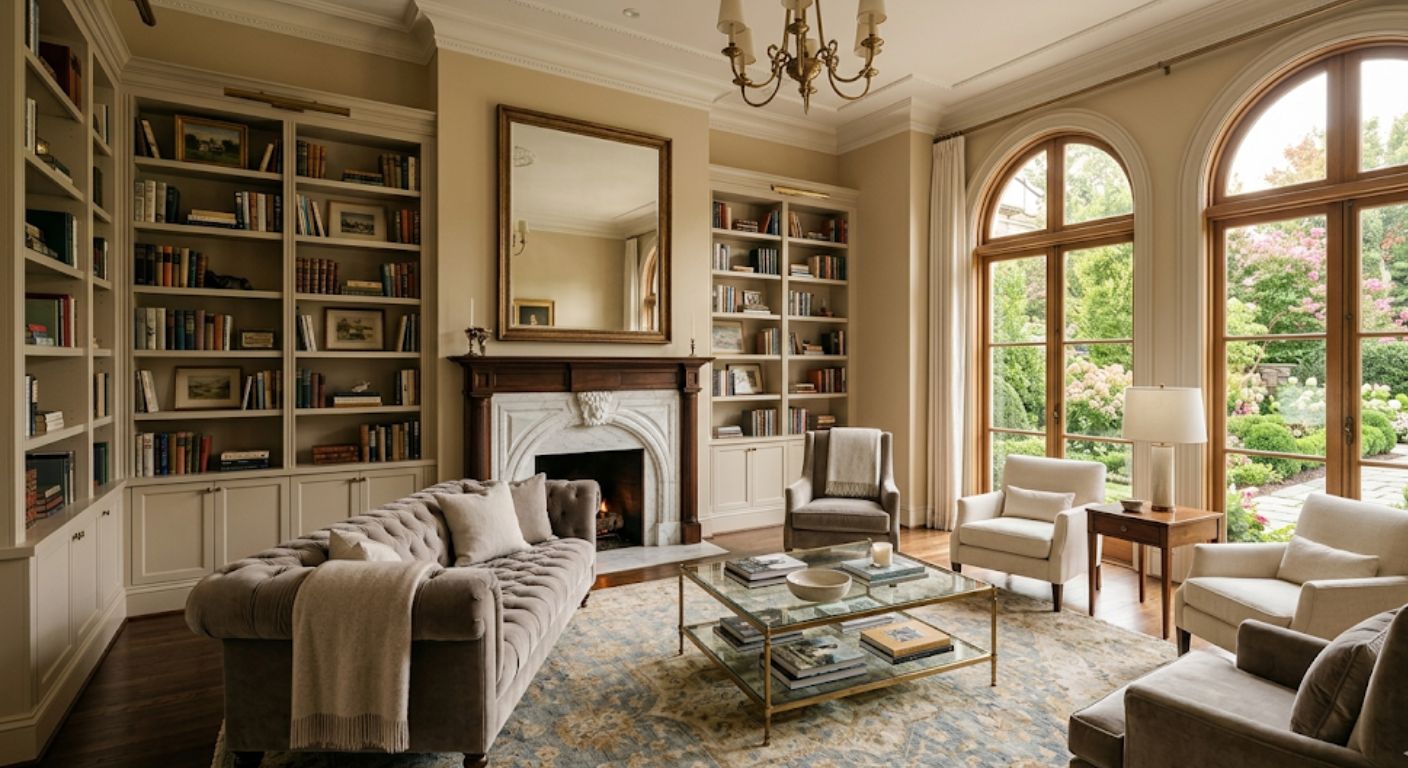 Spacious luxury living room with marble fireplace and garden view in a Washington DC home