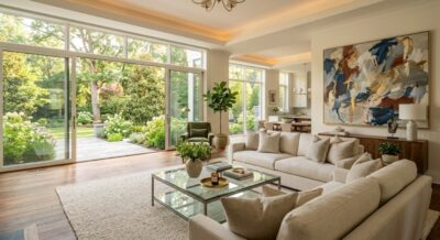 Bright open-plan luxury living room with floor-to-ceiling windows and garden views in a Washington DC home
