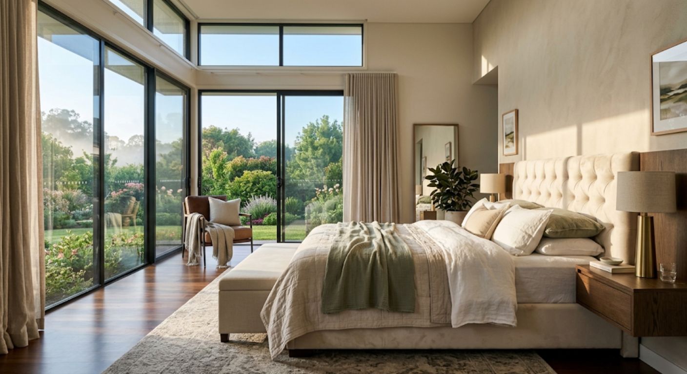 Polished luxury master bedroom with tufted headboard and floor-to-ceiling windows in a Washington DC home