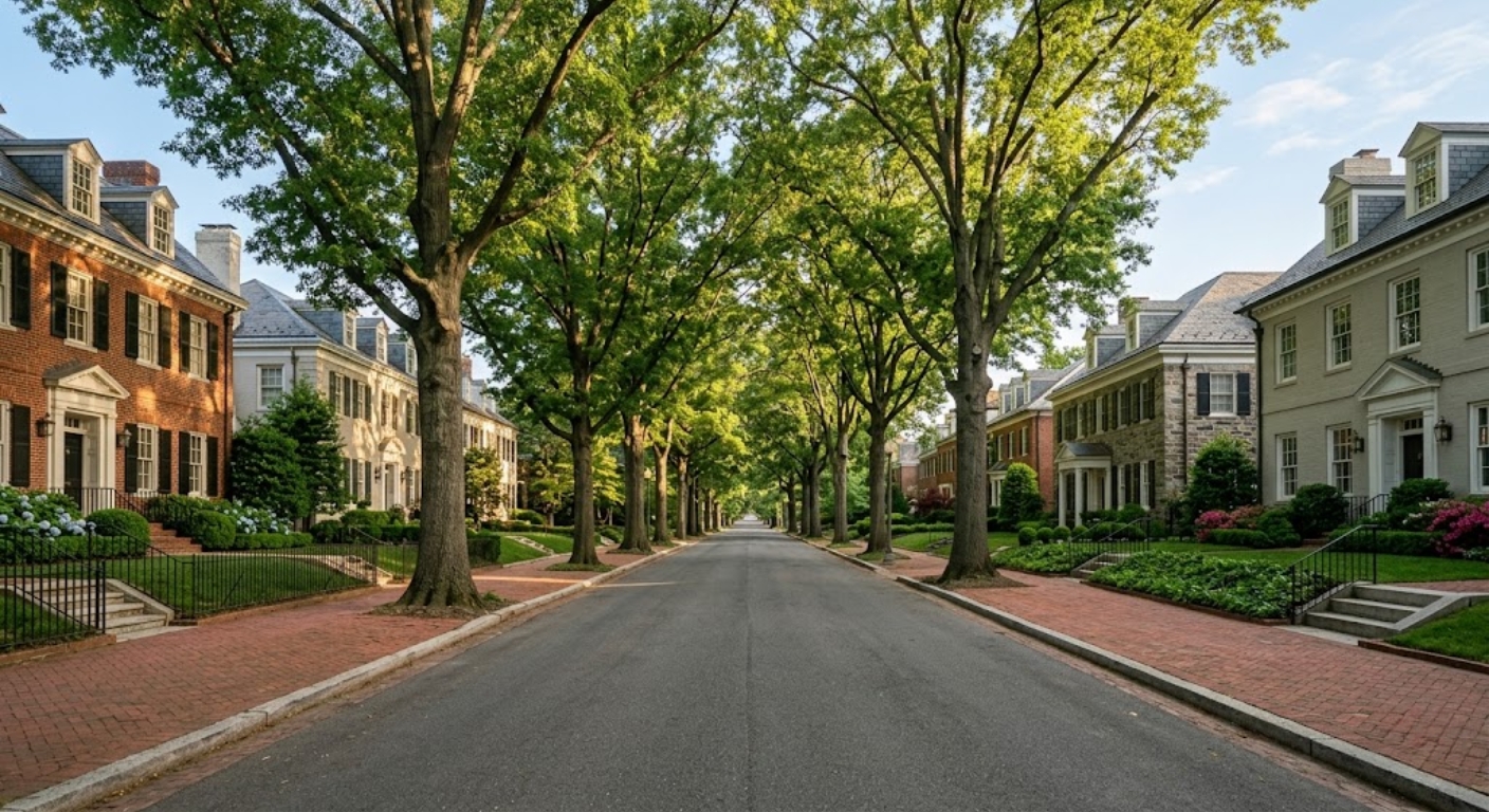 Tree-lined residential street in an upscale Northwest Washington DC luxury neighborhood