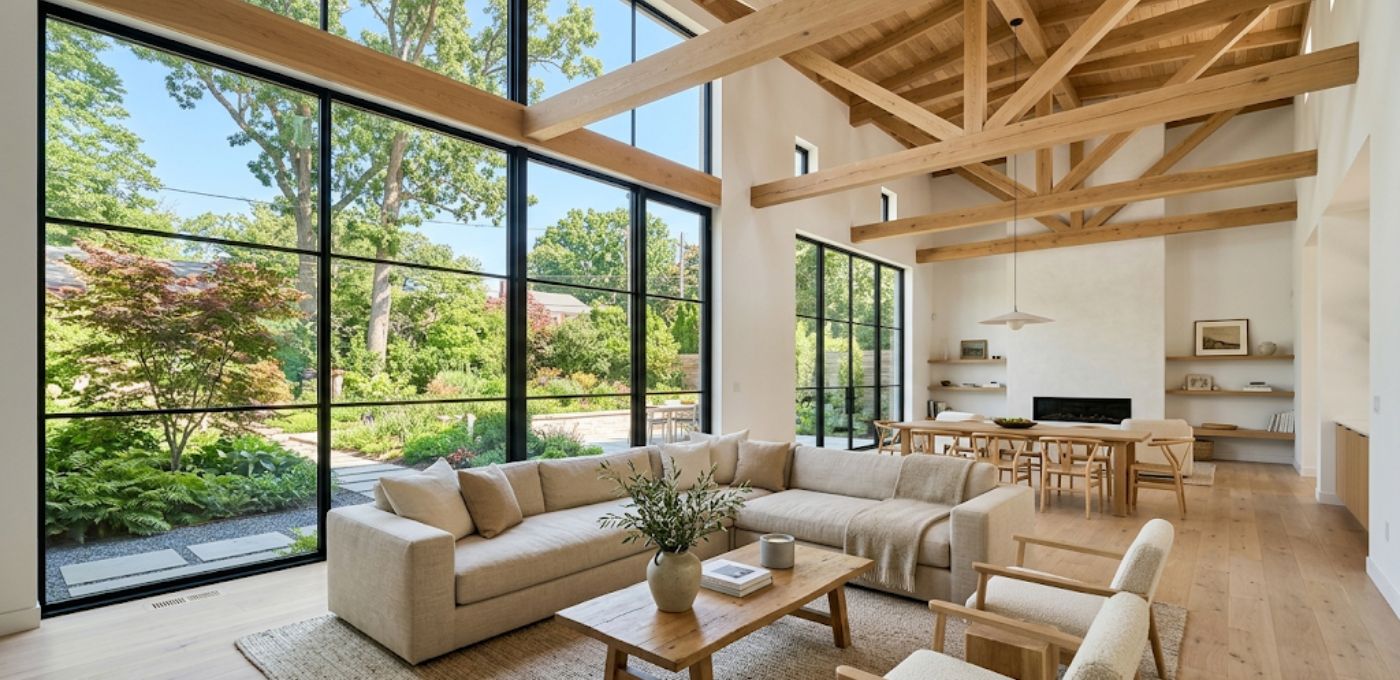 Modern luxury open-plan living area in a Washington DC home with high ceilings, oak floors, and floor-to-ceiling windows