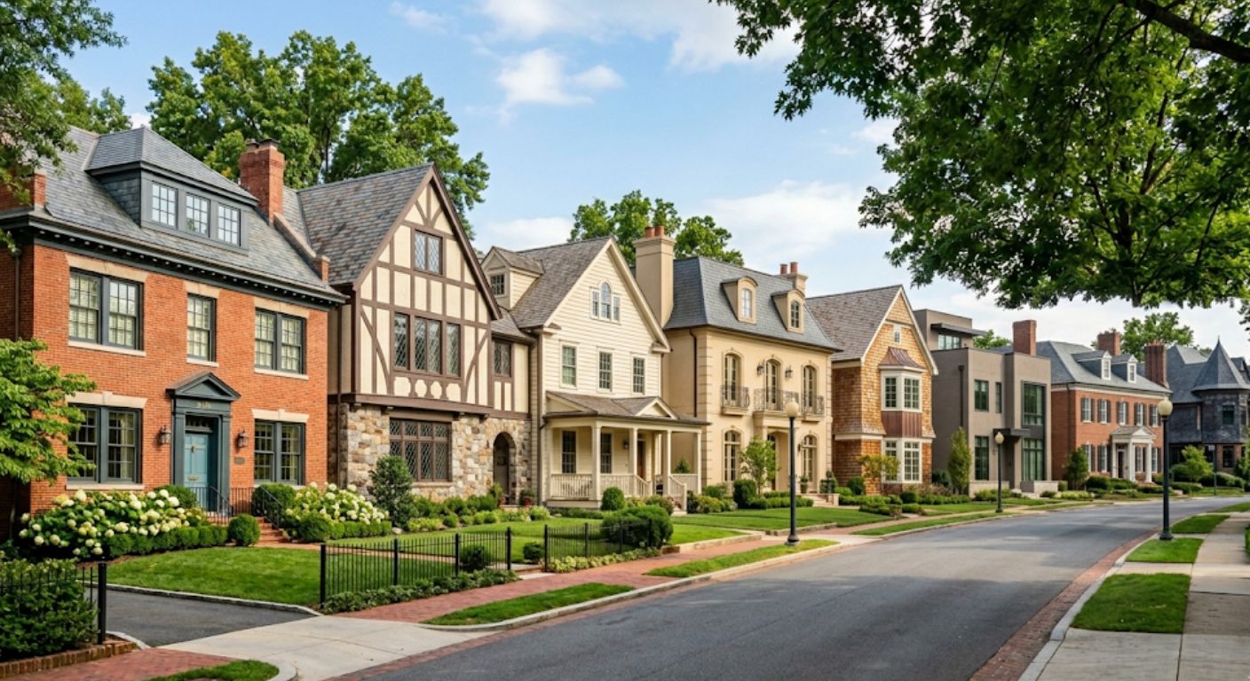 Wide residential street with large brick homes and mature trees in Northwest Washington DC