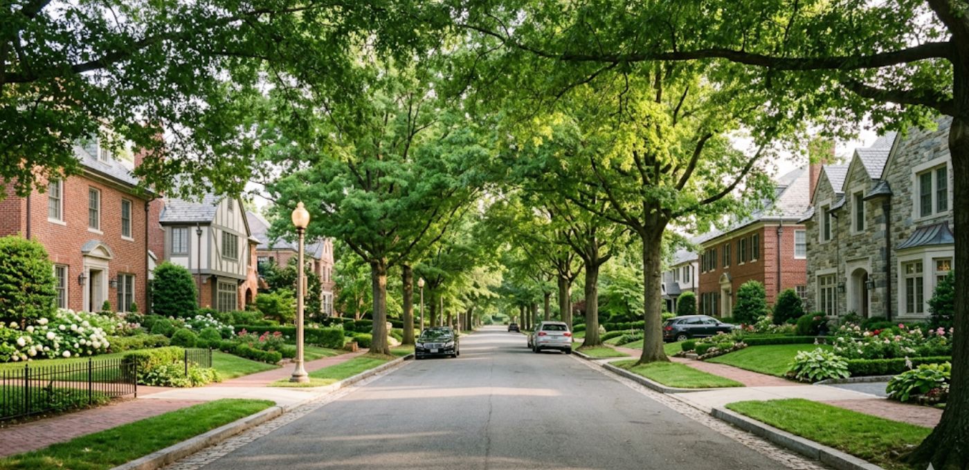 Alt Text: Tree-lined street in Wesley Heights Washington DC with upscale brick homes set back from the sidewalk