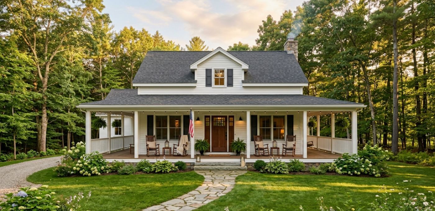 Luxury weekend retreat home with wraparound porch, white siding, and mature trees near Washington DC