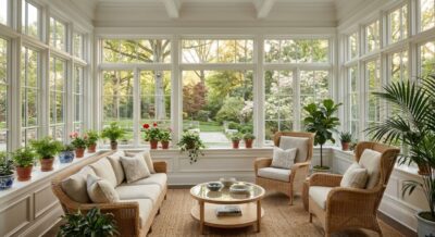 Bright luxury sunroom with large windows overlooking a garden in a Washington DC home
