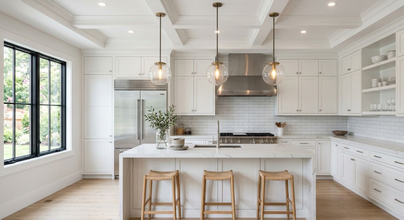 Modern kitchen with quartz island and pendant lighting in a new construction home