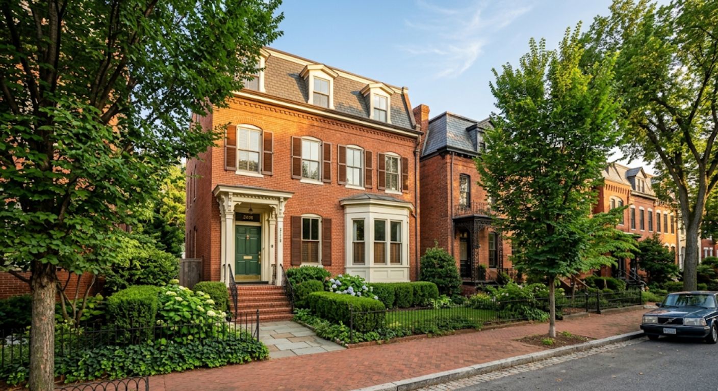 Exterior of a traditional brick home on a residential street in Northwest Washington DC