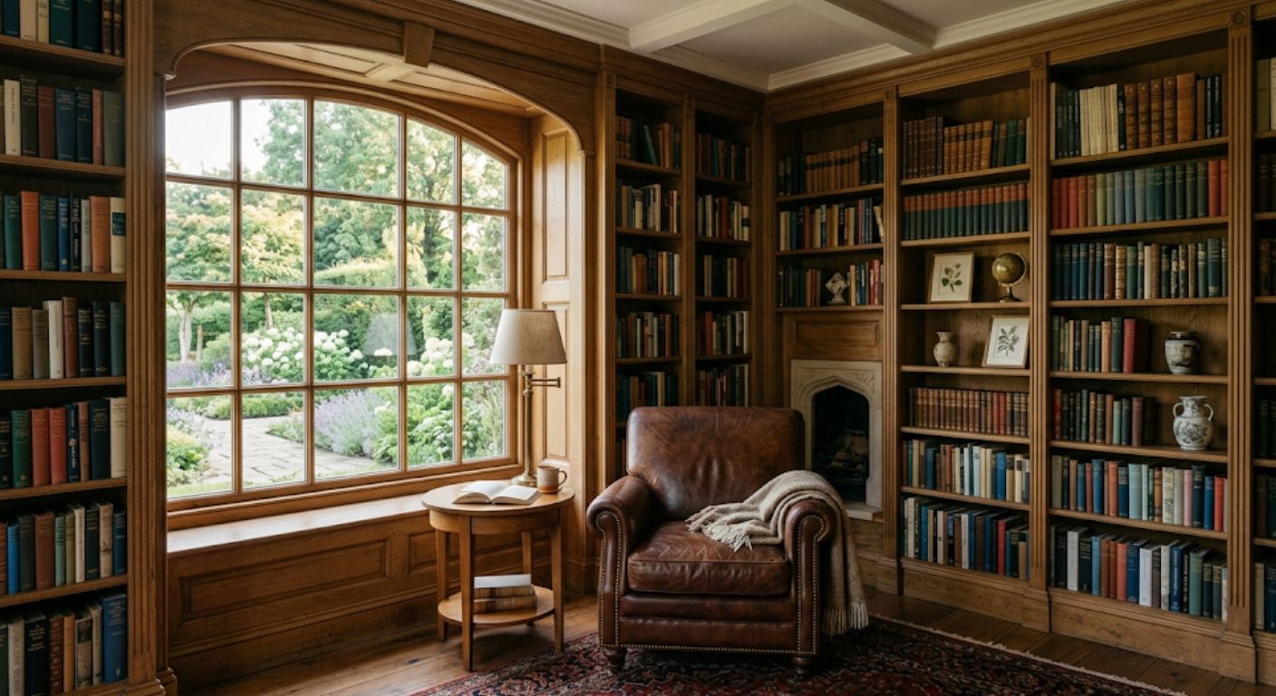 Luxury home library with built-in shelving and leather armchair in a DC home