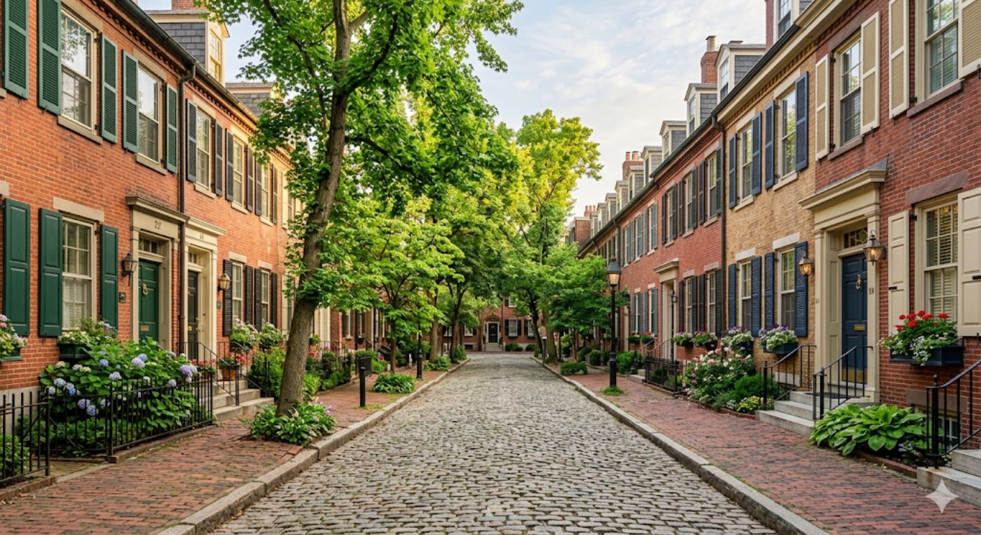 Brick rowhouses on a cobblestone street in Old Town Alexandria
