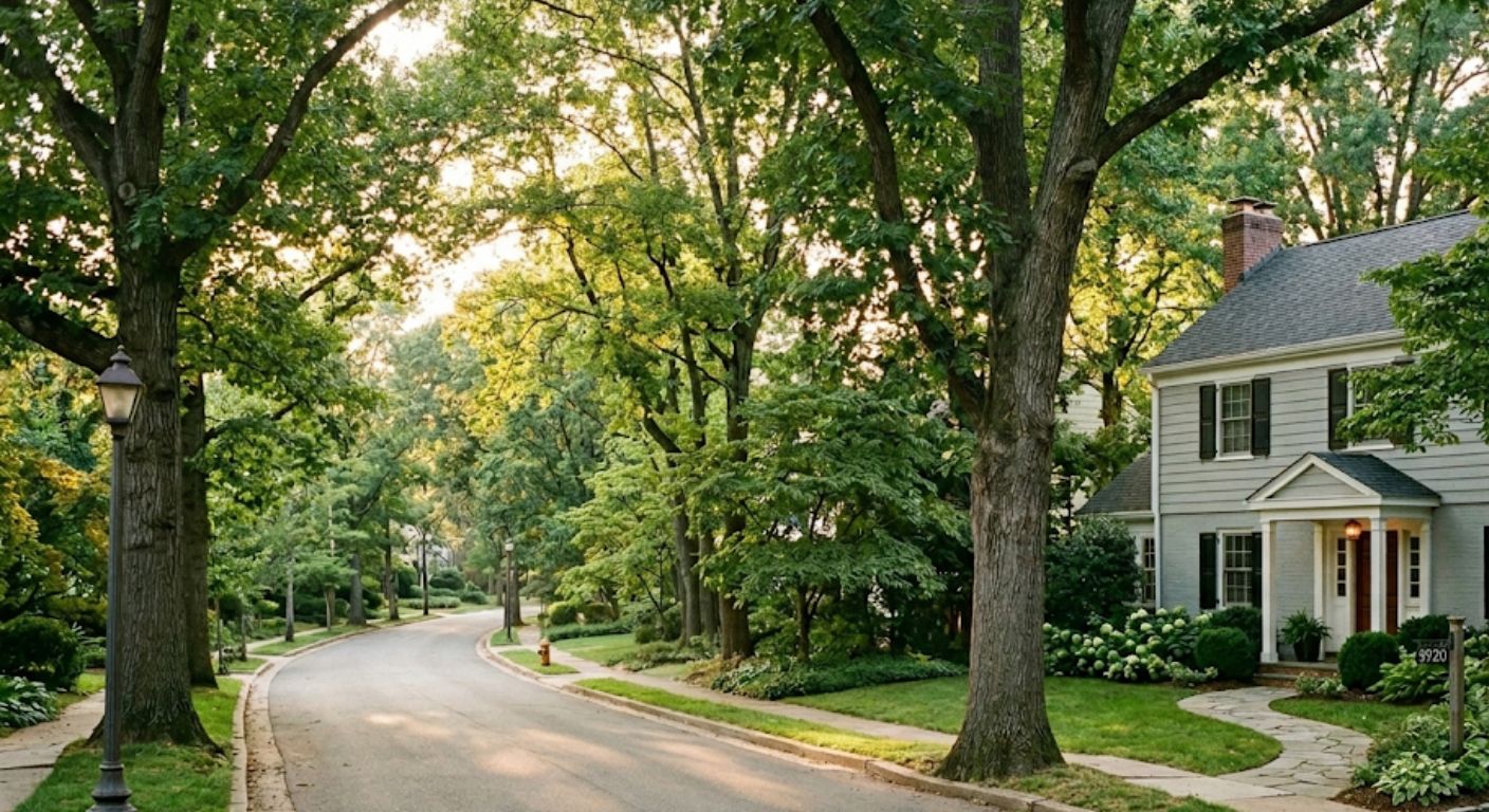 Tree-lined residential street in The Palisades neighborhood of Washington DC