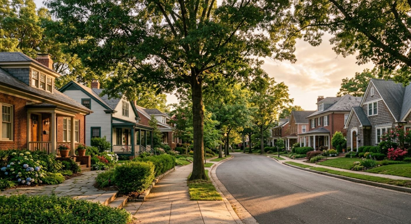Tree-lined residential street in The Palisades, Northwest Washington DC