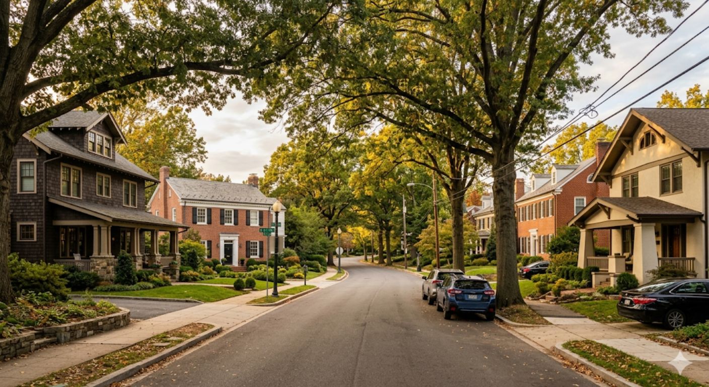 Tree-lined residential street in The Palisades neighborhood of Washington DC with mature oak trees and craftsman and colonial-style homes in late afternoon light