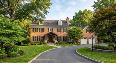 Exterior of a large traditional brick colonial home with mature trees and long driveway in Potomac, Maryland