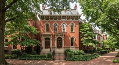 Stately red brick prewar luxury townhome with arched windows and ornate stone detailing in Kalorama Washington DC