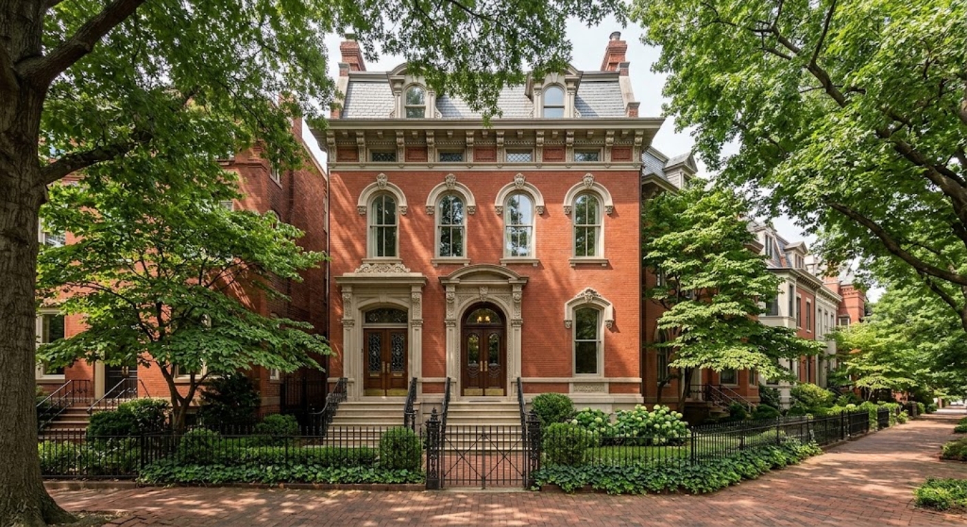 Stately red brick prewar luxury townhome with arched windows and ornate stone detailing in Kalorama Washington DC