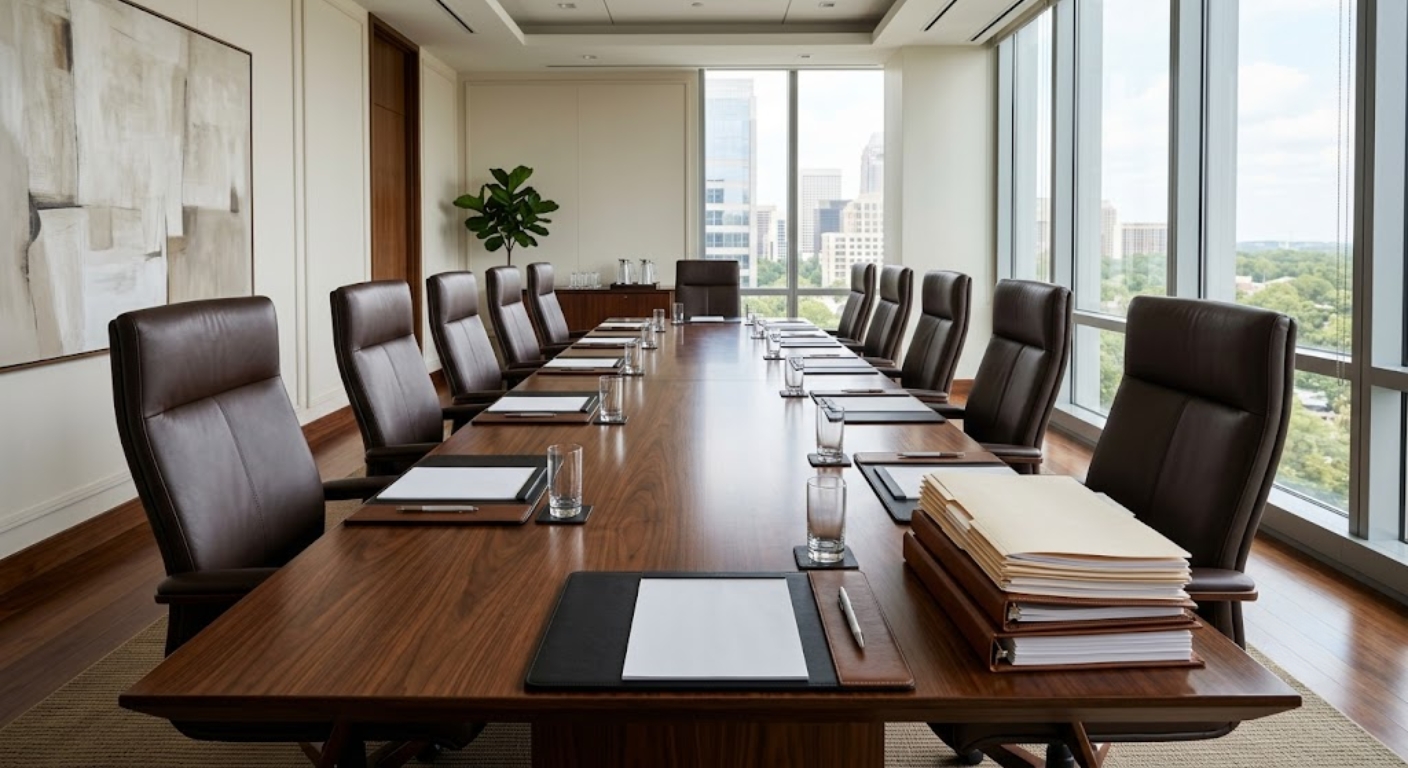 Clean and professional settlement conference room with wooden table and documents ready for real estate closing in Washington DC