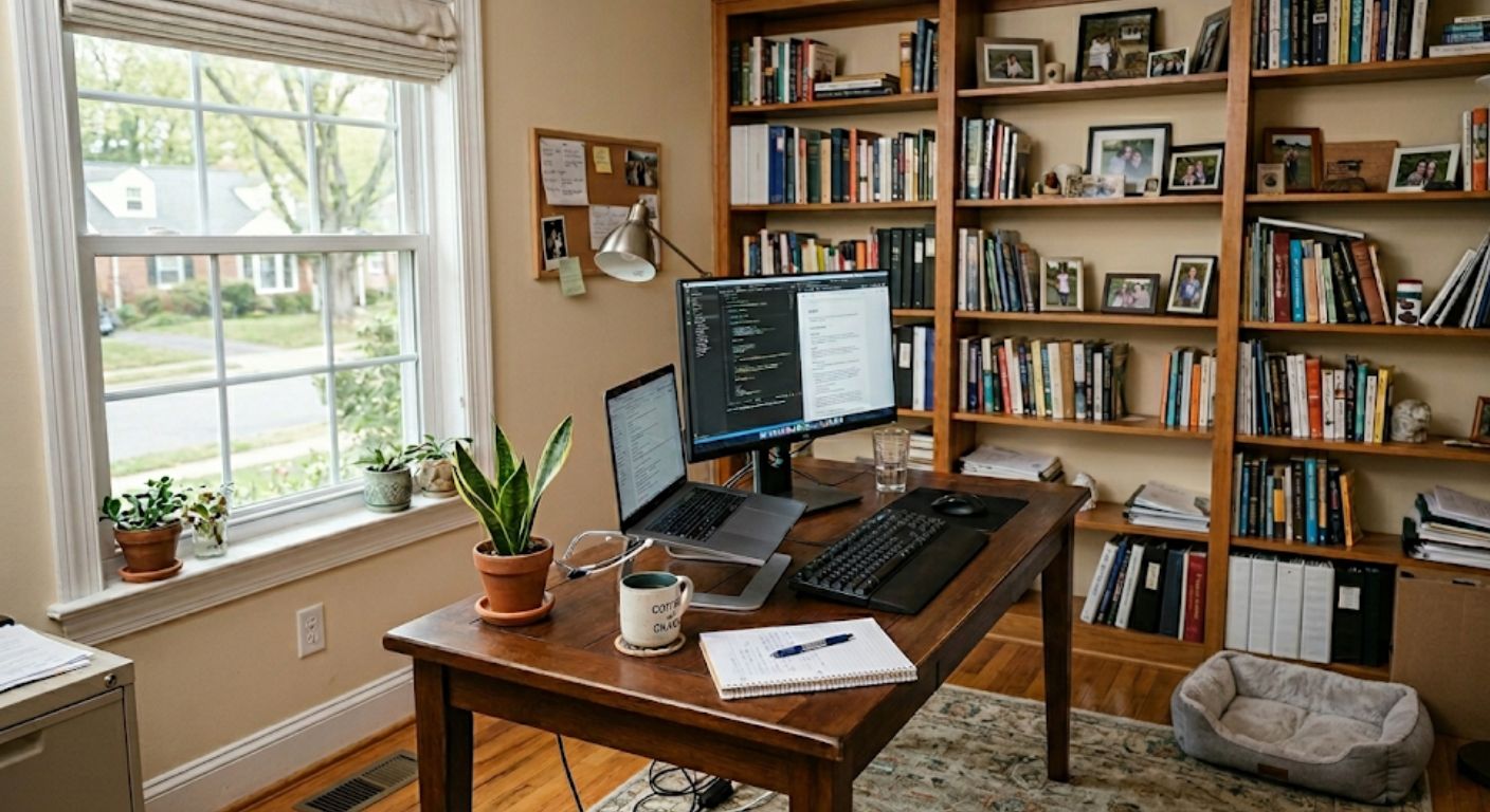 Person working at a desk in a home office in a Washington DC metro area residence