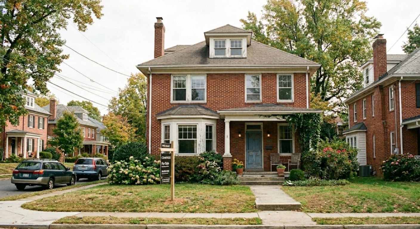 Older home for sale as-is on a residential street in Washington DC metro area