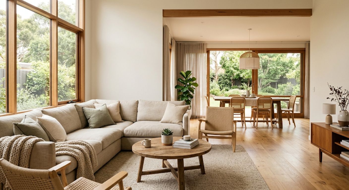 Open living and dining area with natural light in a single-level luxury home