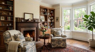 Warm sitting room with fireplace and built-in bookshelves in a large Washington DC luxury home