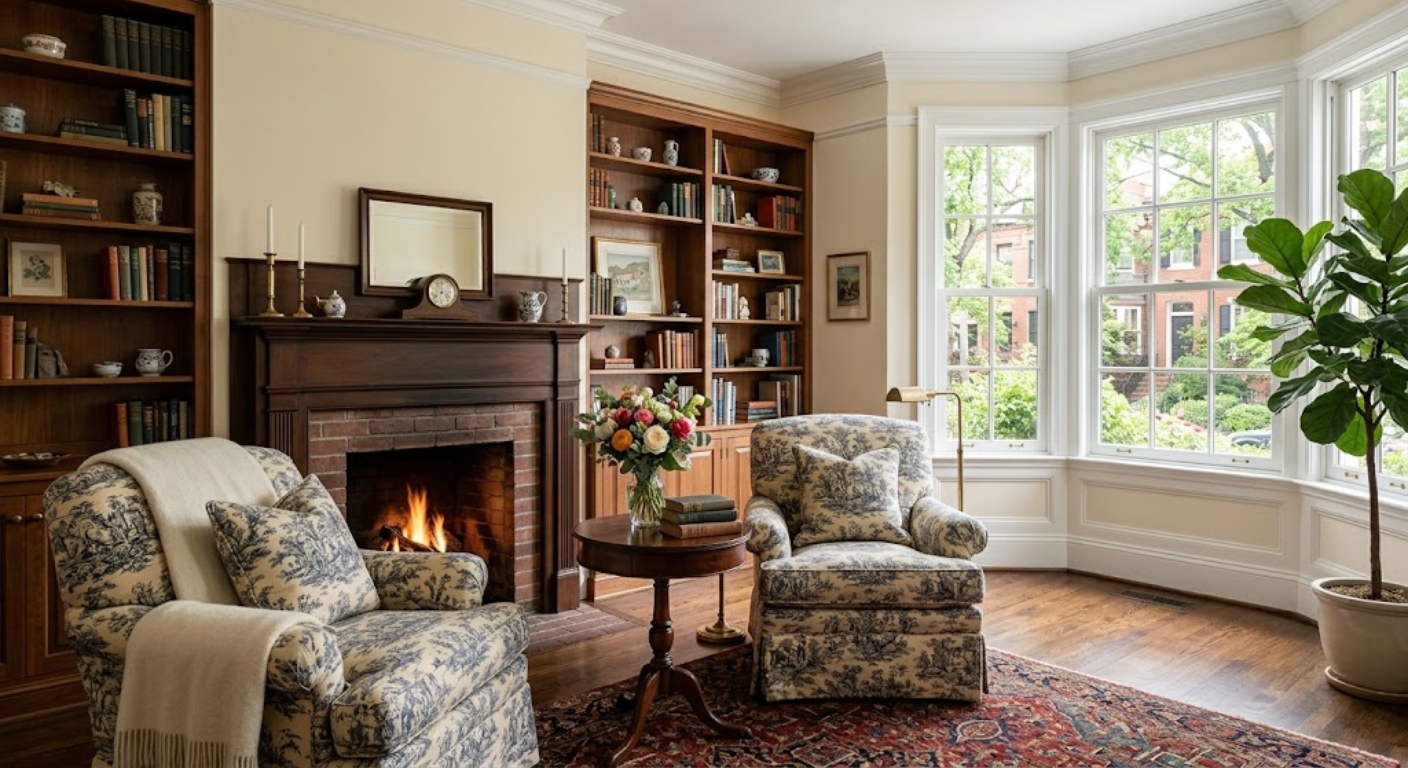 Warm sitting room with fireplace and built-in bookshelves in a large Washington DC luxury home