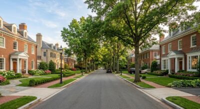 Tree-lined street in Spring Valley DC with large brick colonial homes and manicured lawns