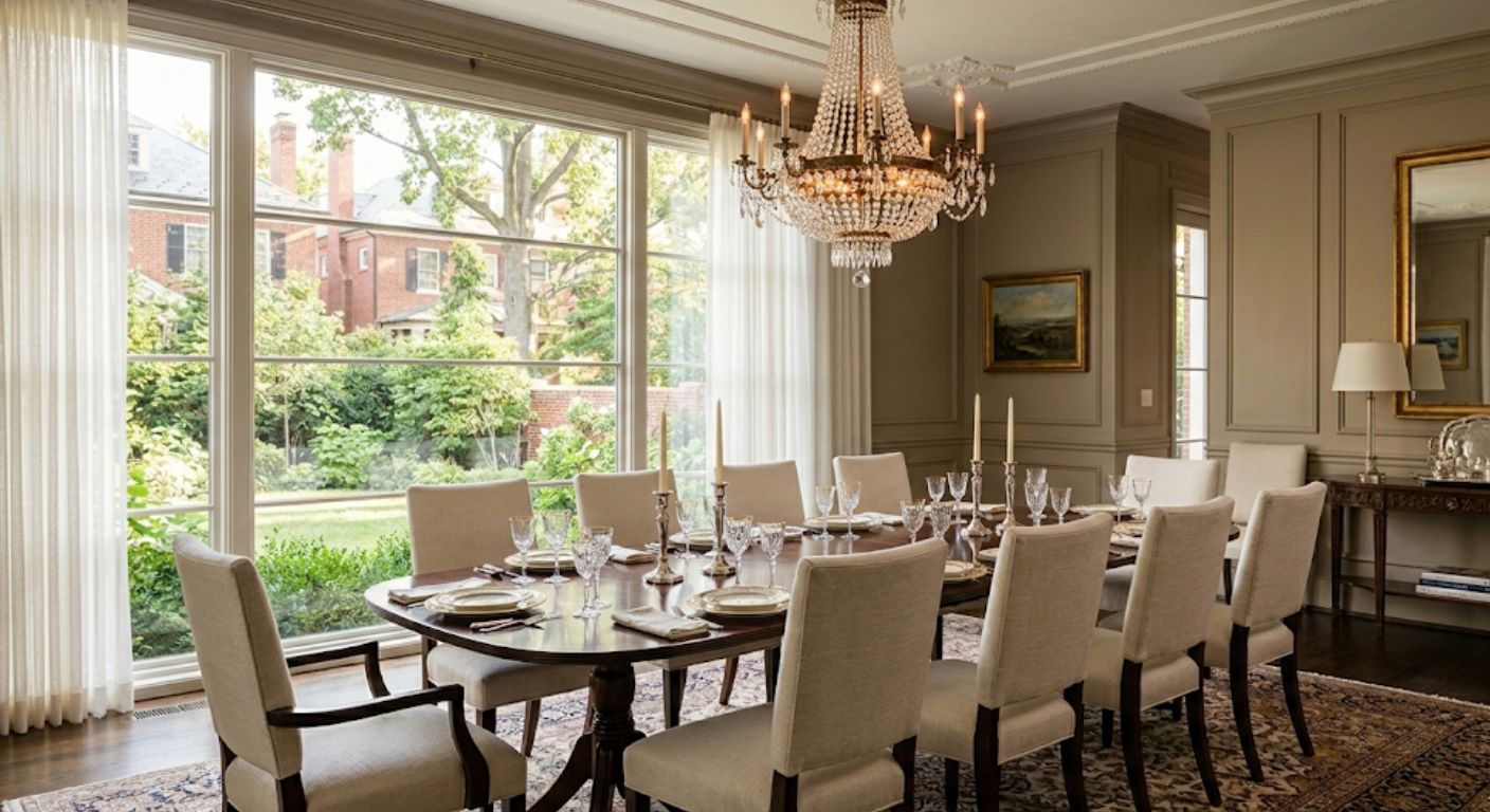 Staged luxury dining room with chandelier and floor-to-ceiling windows in a Washington DC home