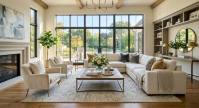 Professionally staged luxury home living room with floor-to-ceiling windows and fresh flowers in Washington DC