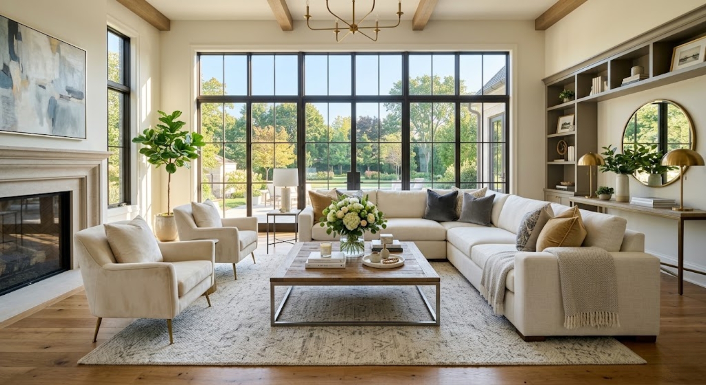 Professionally staged luxury home living room with floor-to-ceiling windows and fresh flowers in Washington DC