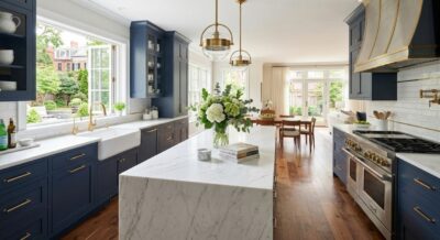 Staged luxury kitchen with white marble island and custom cabinetry in a Washington DC home ready for sale