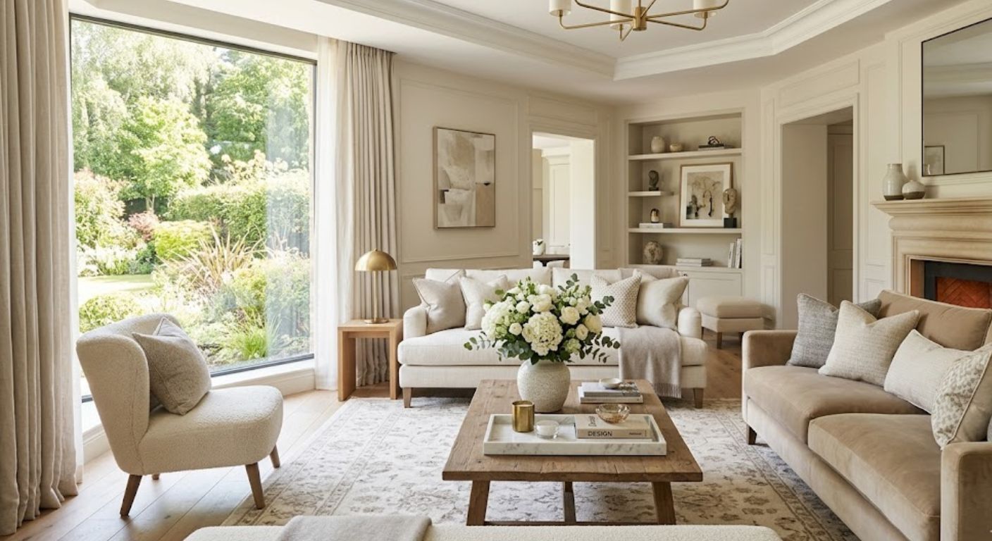 Elegantly staged living room with neutral furnishings and fresh flowers in a luxury DC home