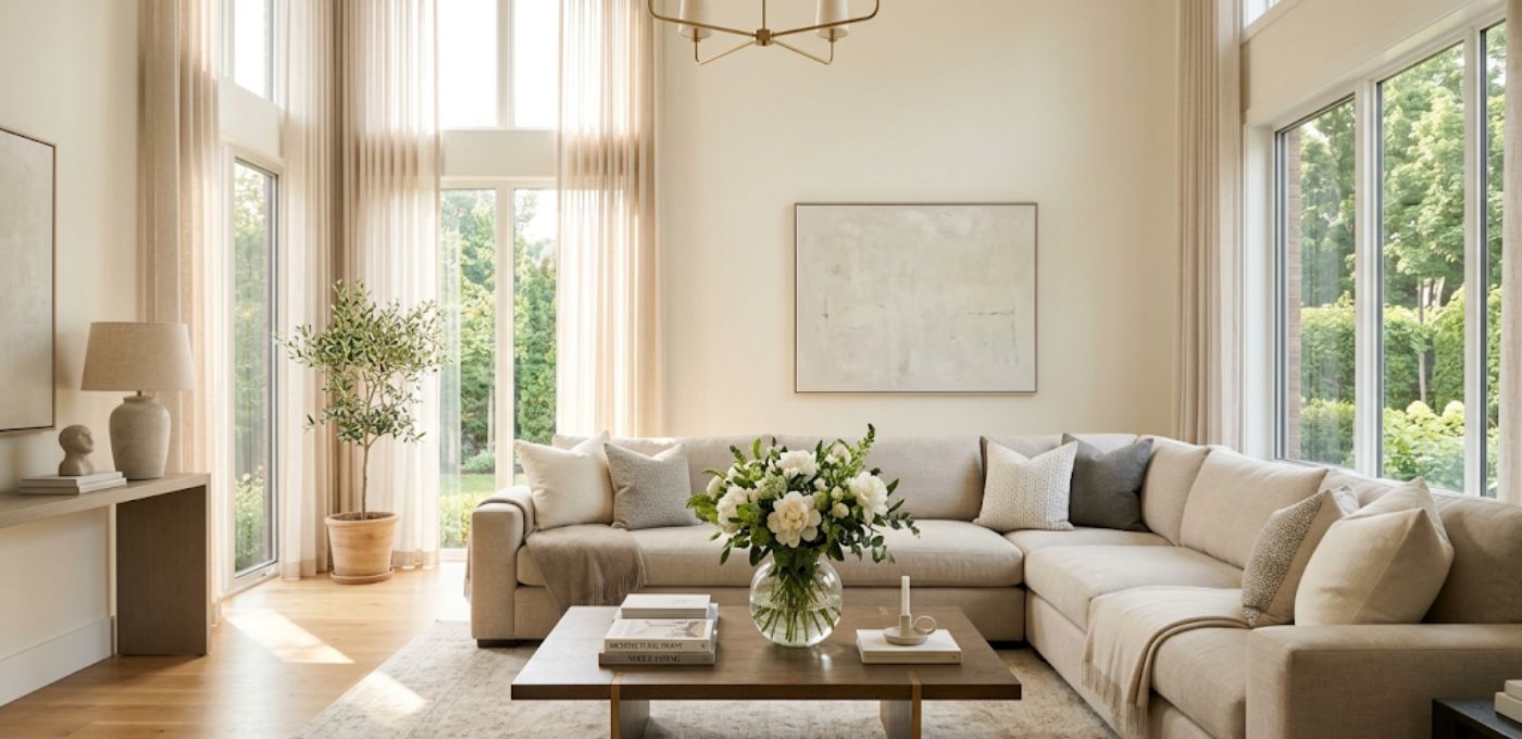 Immaculately staged luxury living room with fresh flowers and natural light ready for a real estate showing in Washington DC