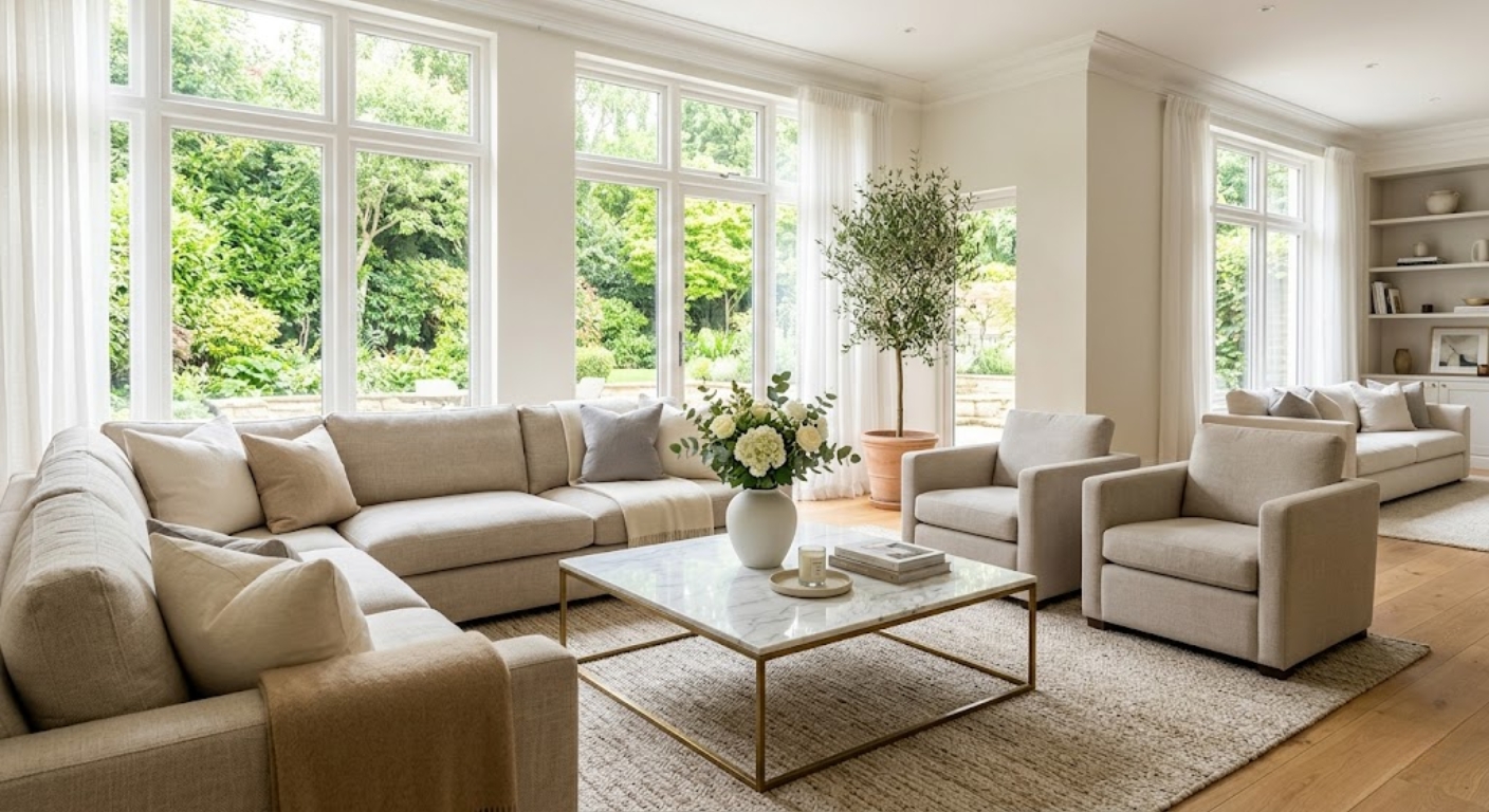 Staged luxury living room with marble coffee table and tall windows in a Washington DC home